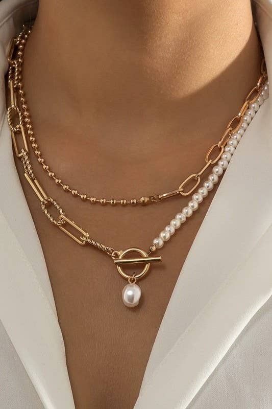 Golden Pearl Layer Toggle Necklace